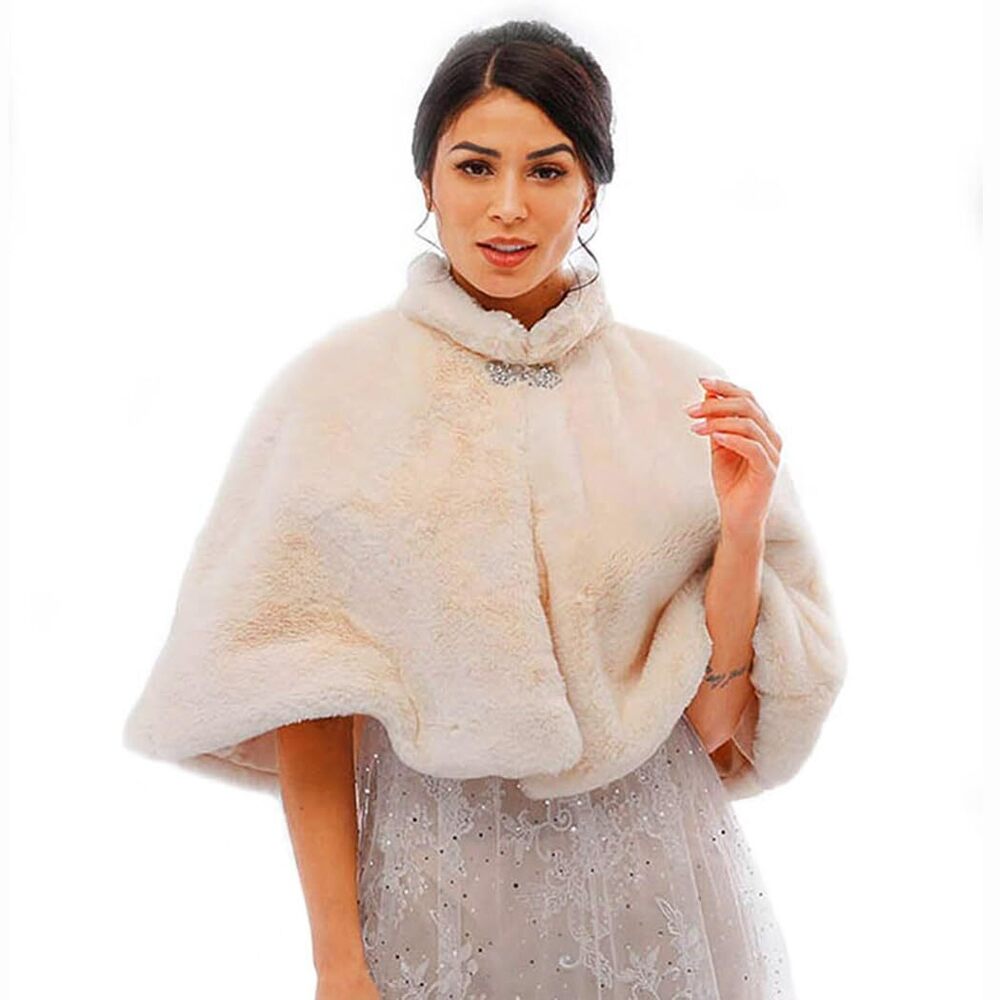 2216 Wedding Faux Fur Wrap Shawl Stole Scarf With Rhinestones Brooch